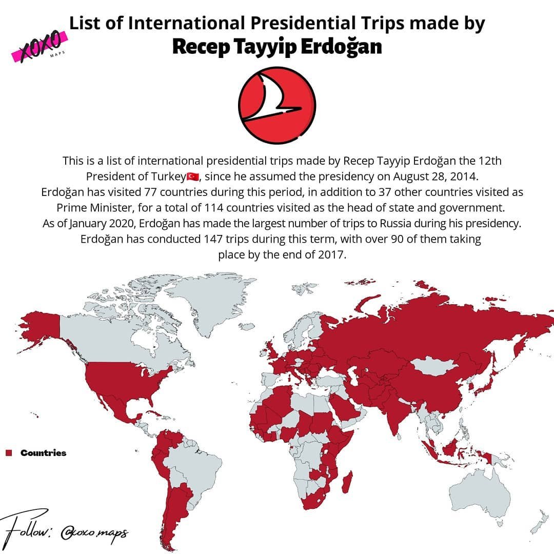 Map International presidential trips made by Turkey's Recep Tayyip Erdoğan